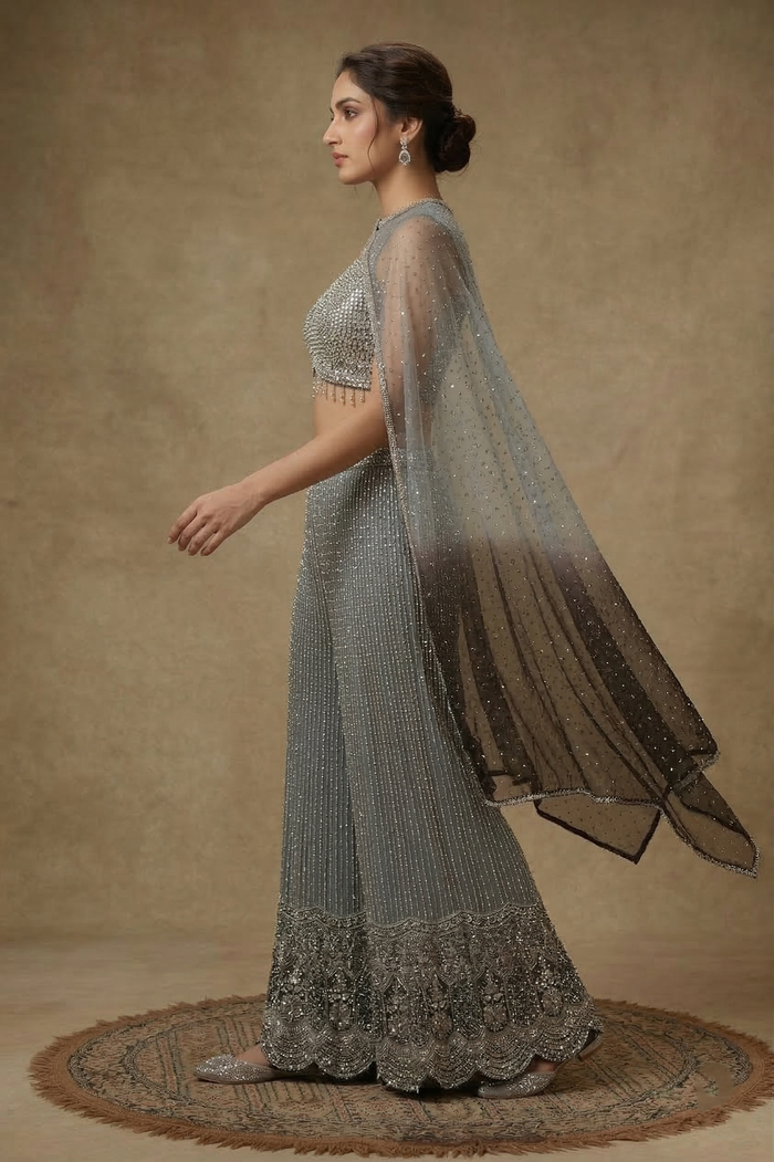 Pigeon Grey Net Embroidered Indo-Western Set