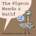 Book cover of 'The Pigeon Needs a Bath!' with a cartoon pigeon and text bubbles.