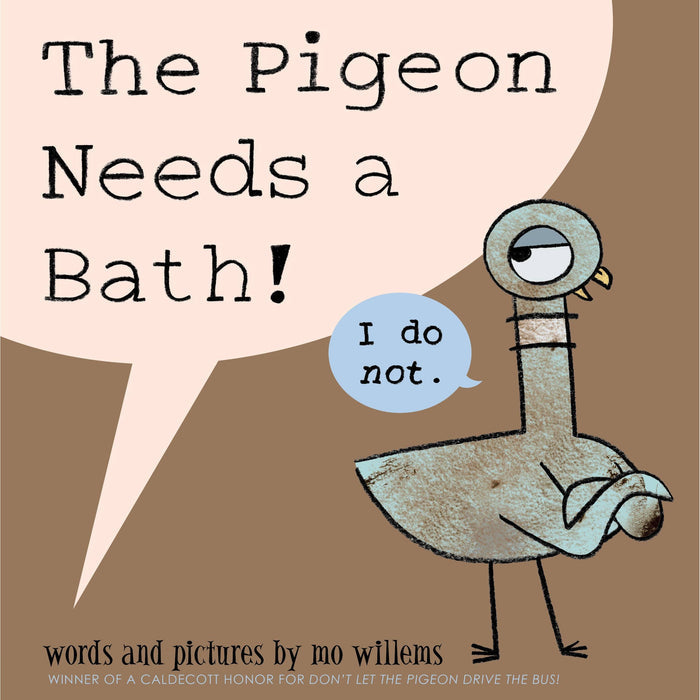 Book cover of 'The Pigeon Needs a Bath!' with a cartoon pigeon and text bubbles.