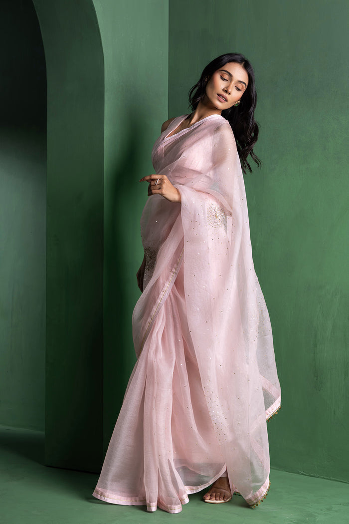 Piggy Pink Silk Organza Saree With Sequins Work