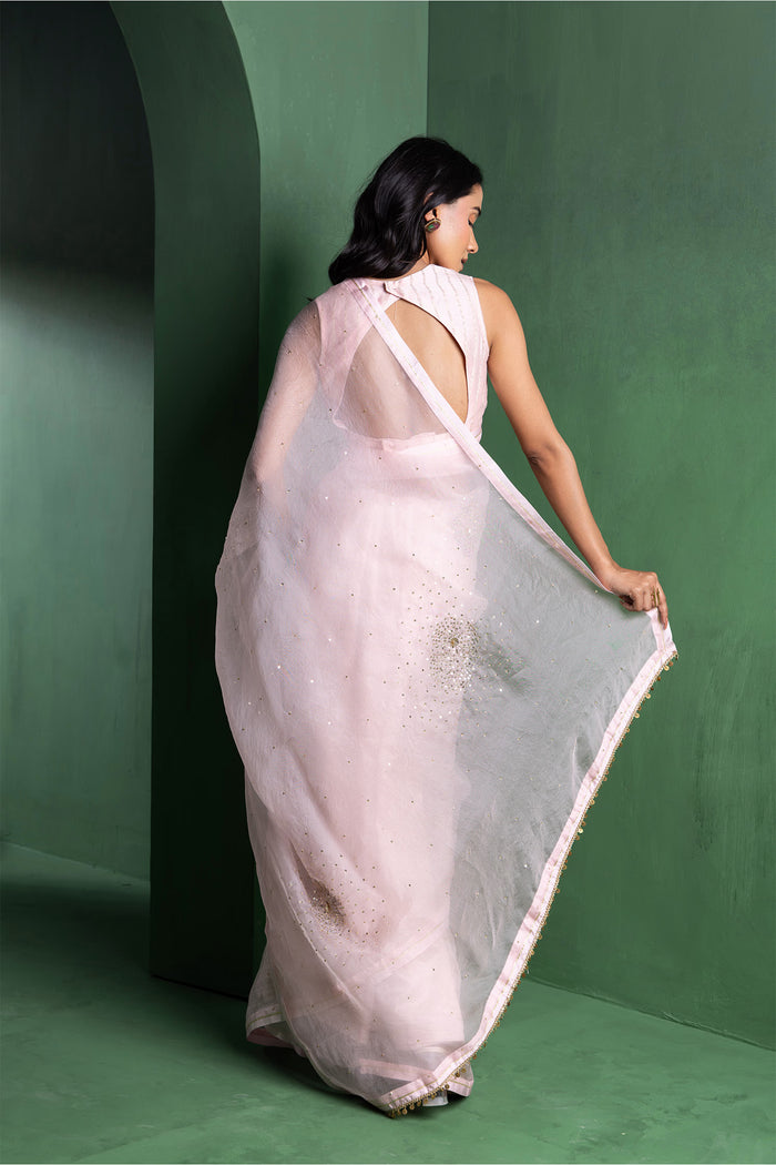 Piggy Pink Silk Organza Saree With Sequins Work
