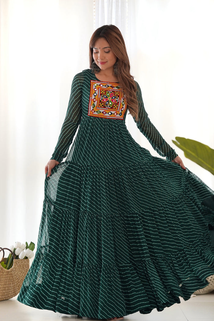 Pine Green Chanderi Leheriya Printed Anarkali Set