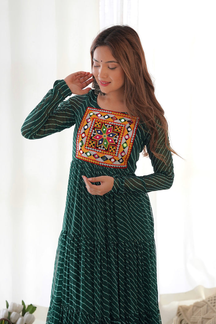 Pine Green Chanderi Leheriya Printed Anarkali Set