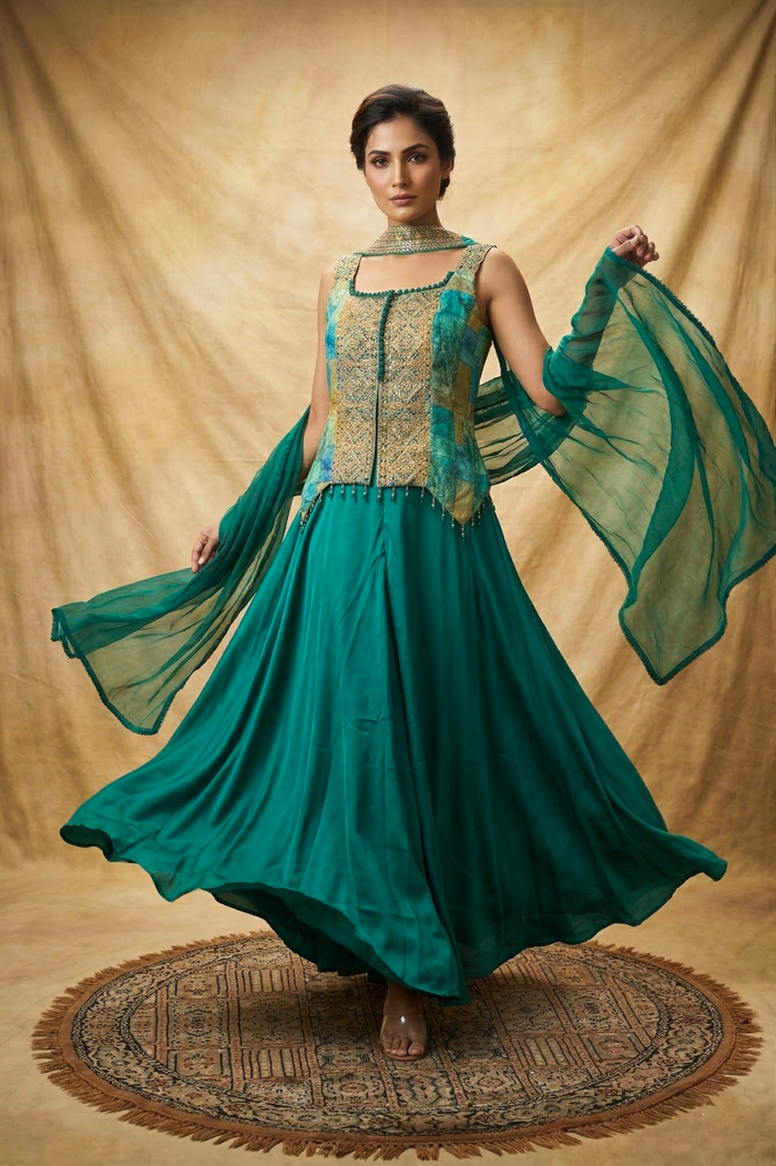 Pine Green Tissue Silk Indo-Western Set