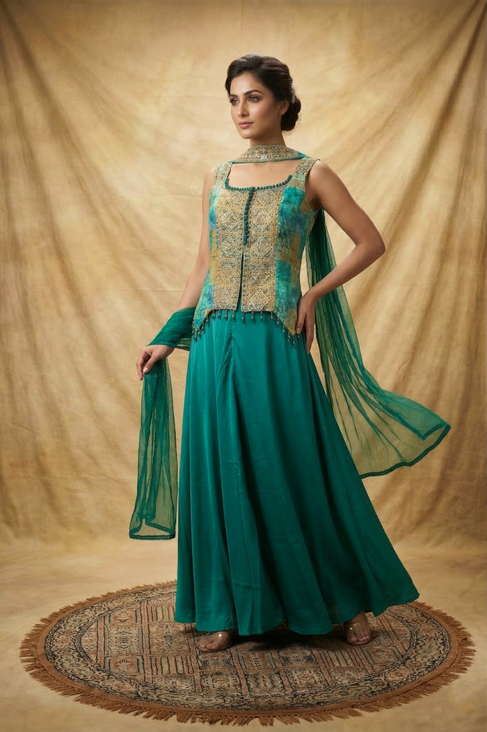 Pine Green Tissue Silk Indo-Western Set