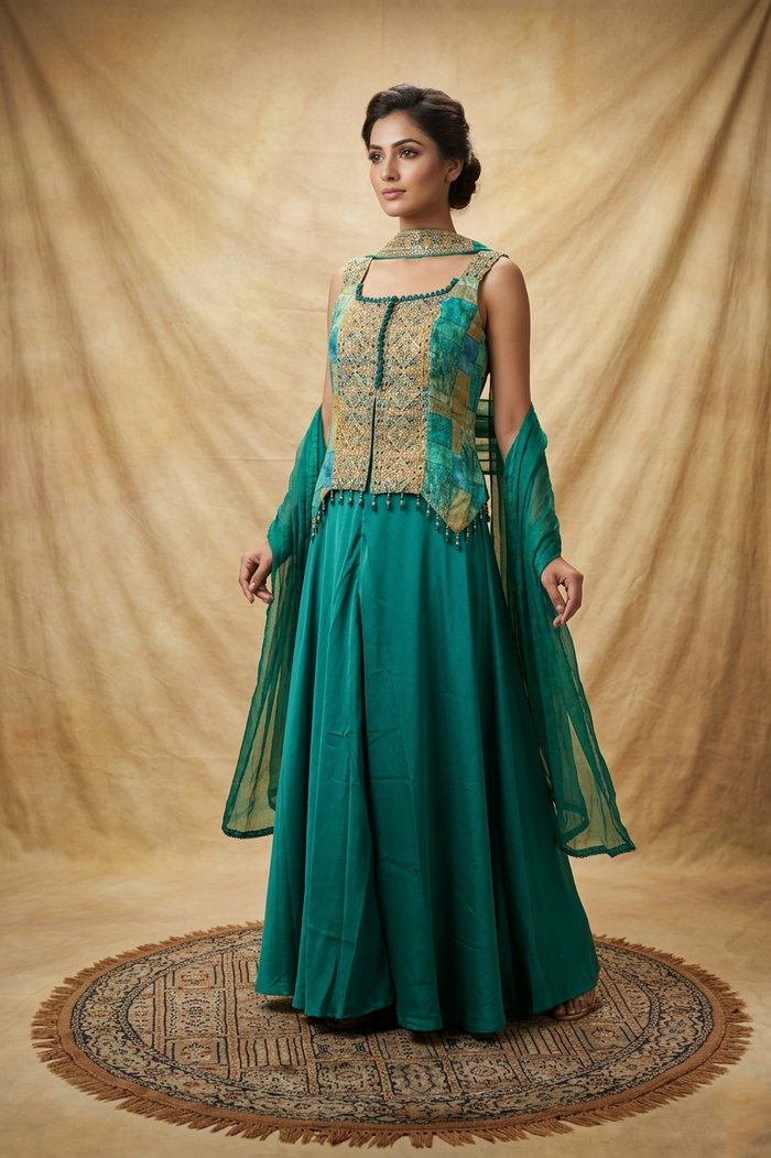 Pine Green Tissue Silk Indo-Western Set