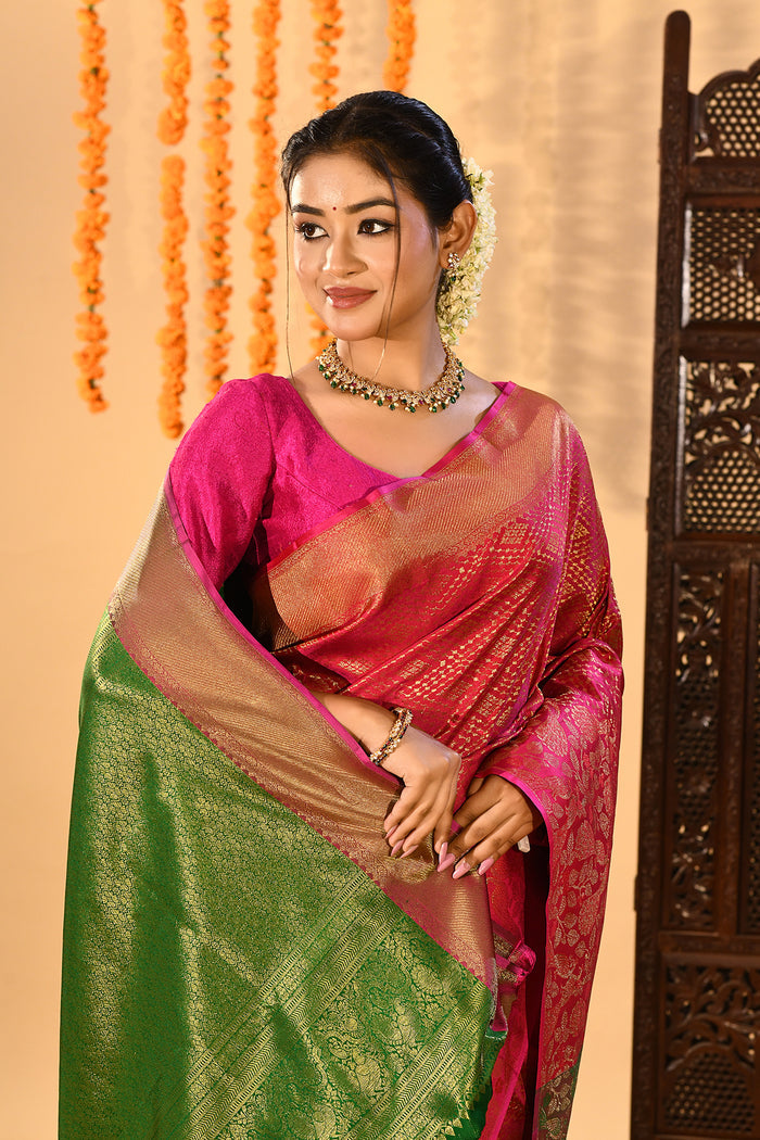 Pink And Green Diamond Weave Kanjivaram Silk Saree