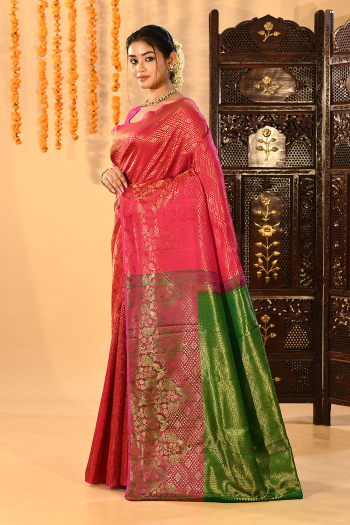 Pink And Green Diamond Weave Kanjivaram Silk Saree