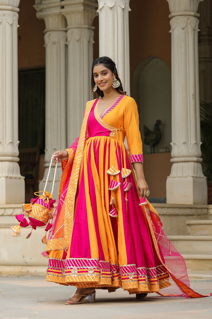 <img> Pink And Yellow Cotton Silk Solid Anarkali Set