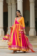 <img> Pink And Yellow Cotton Silk Solid Anarkali Set