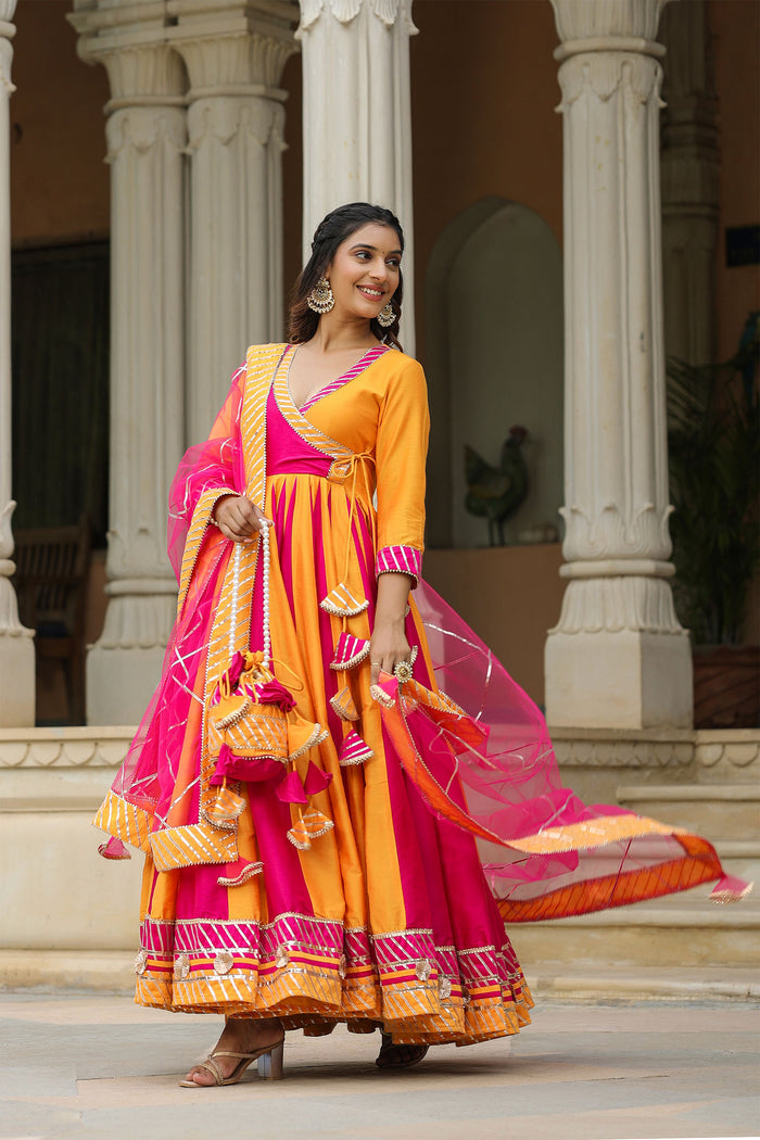 <img> Pink And Yellow Cotton Silk Solid Anarkali Set
