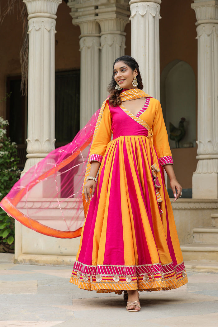 <img> Pink And Yellow Cotton Silk Solid Anarkali Set