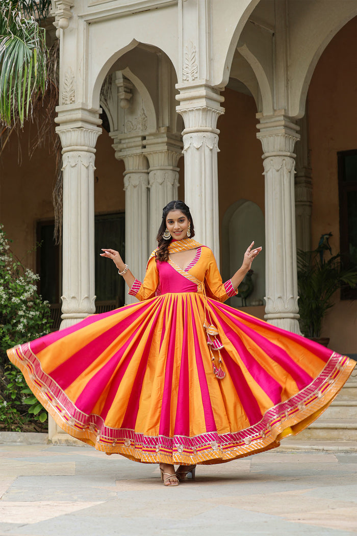 <img> Pink And Yellow Cotton Silk Solid Anarkali Set