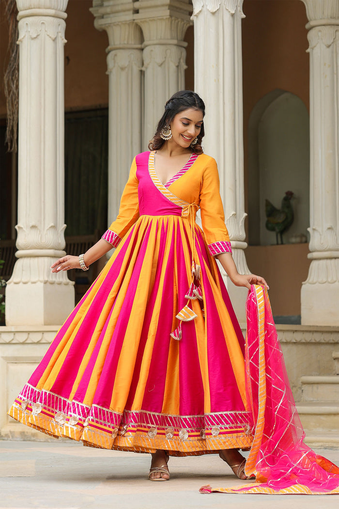 <img> Pink And Yellow Cotton Silk Solid Anarkali Set