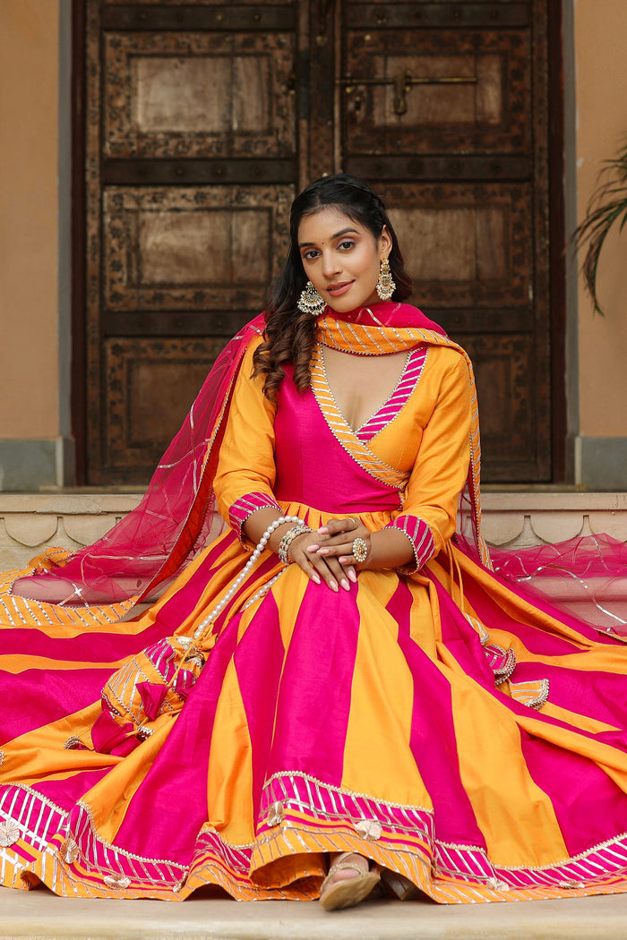 <img> Pink And Yellow Cotton Silk Solid Anarkali Set