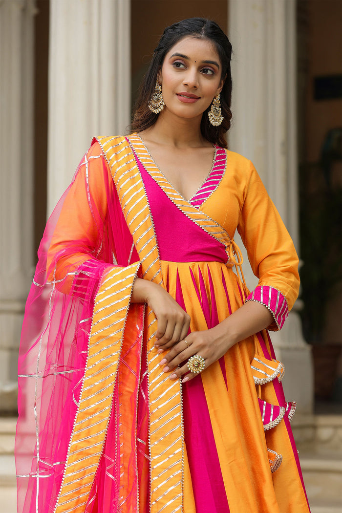 <img> Pink And Yellow Cotton Silk Solid Anarkali Set