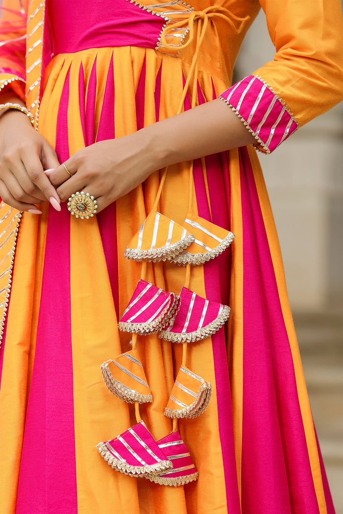 <img> Pink And Yellow Cotton Silk Solid Anarkali Set