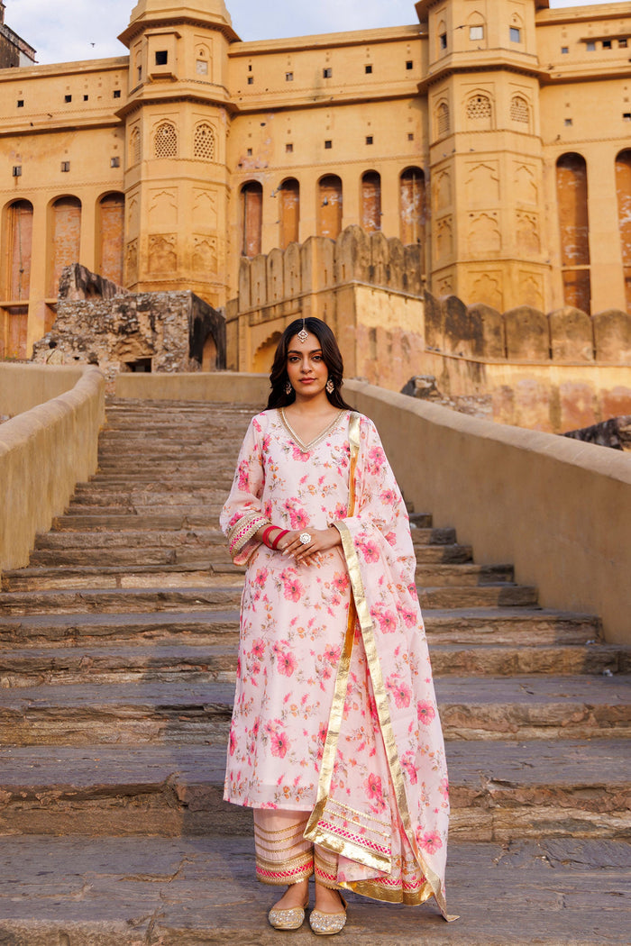 Pink Chanderi Kurta Set With Prints And Lace Work