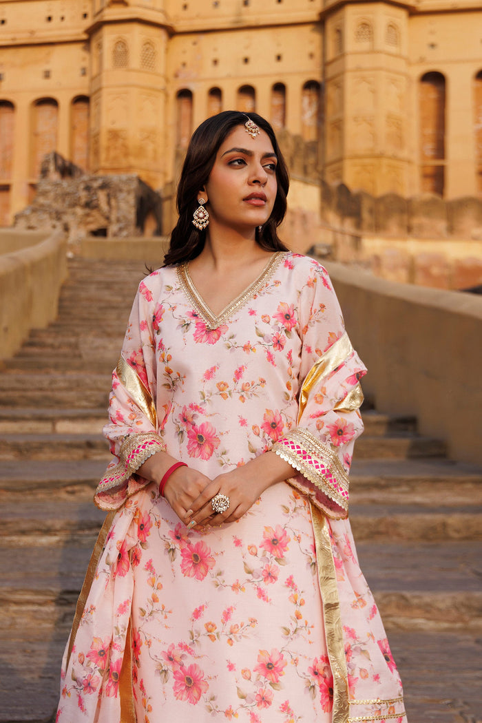 Pink Chanderi Kurta Set With Prints And Lace Work