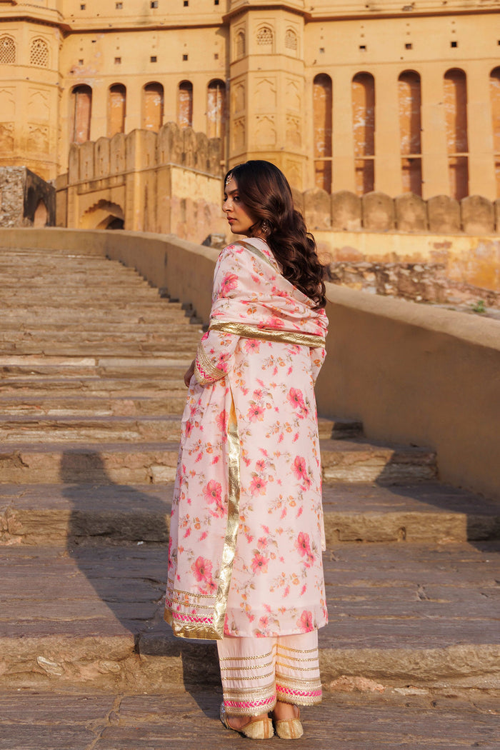 Pink Chanderi Kurta Set With Prints And Lace Work