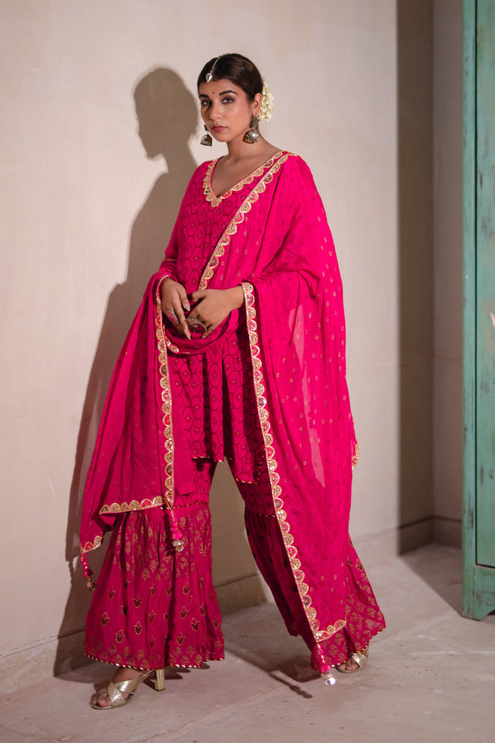 <img> Pink Chinon Gharara Set