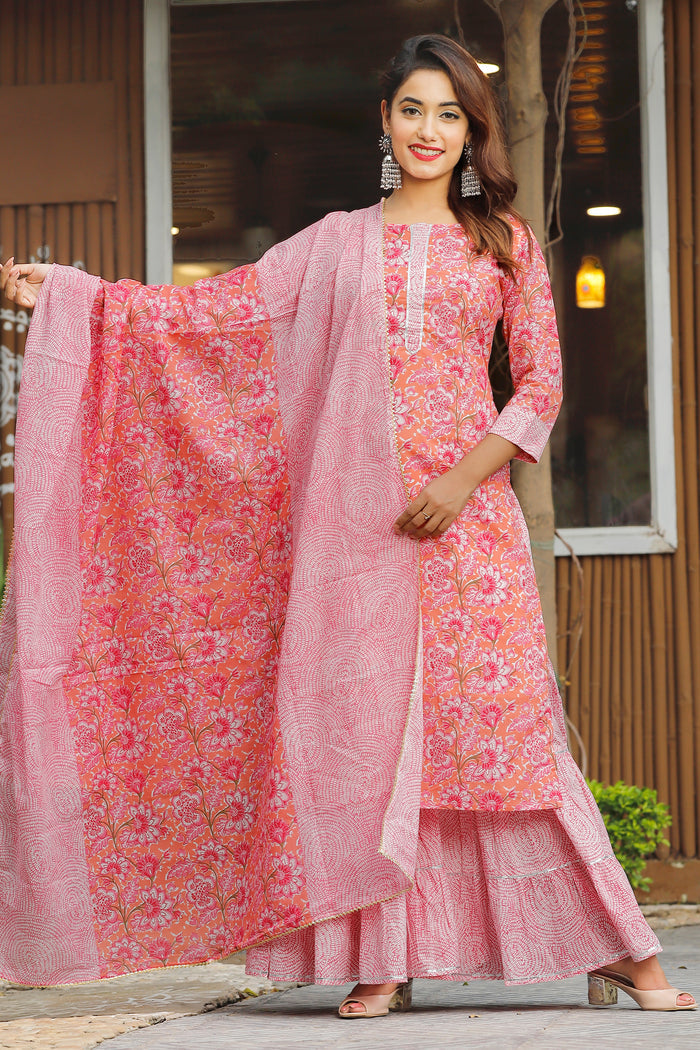 Pink Cotton Floral Printed Kurta And Palazzo Set