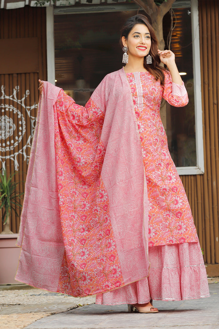 Pink Cotton Floral Printed Kurta And Palazzo Set