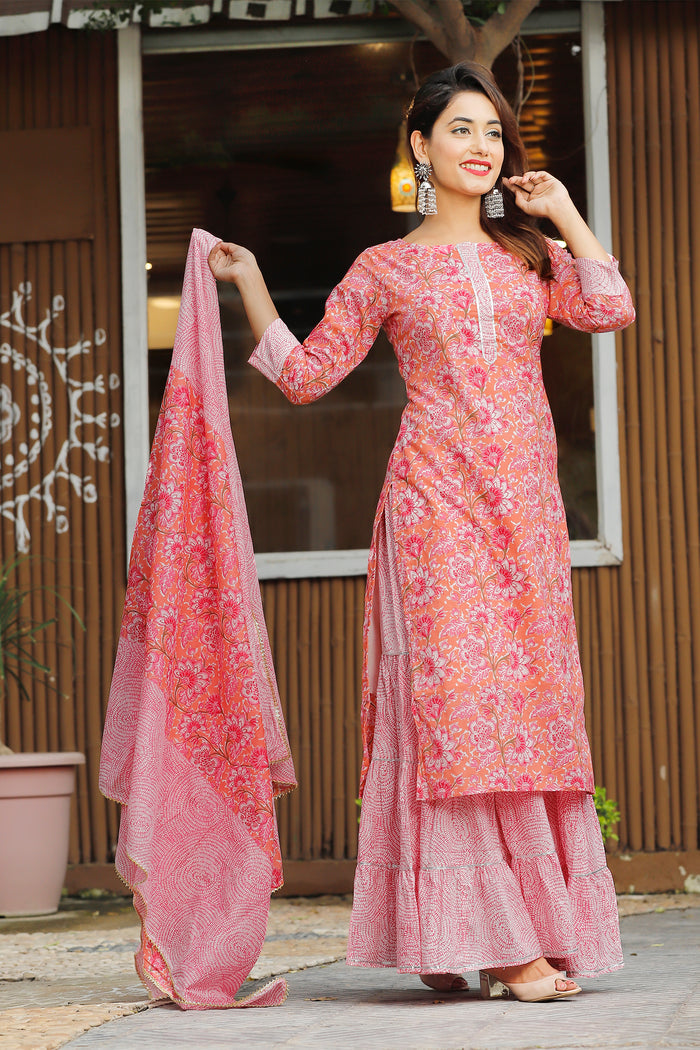 Pink Cotton Floral Printed Kurta And Palazzo Set