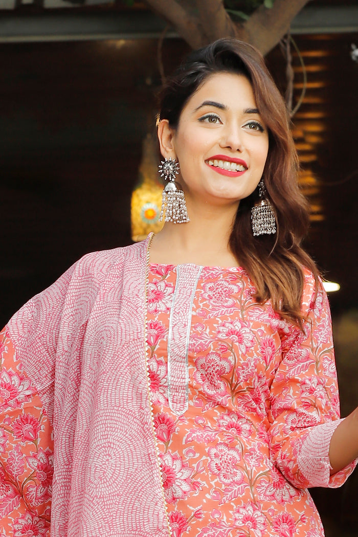 Pink Cotton Floral Printed Kurta And Palazzo Set
