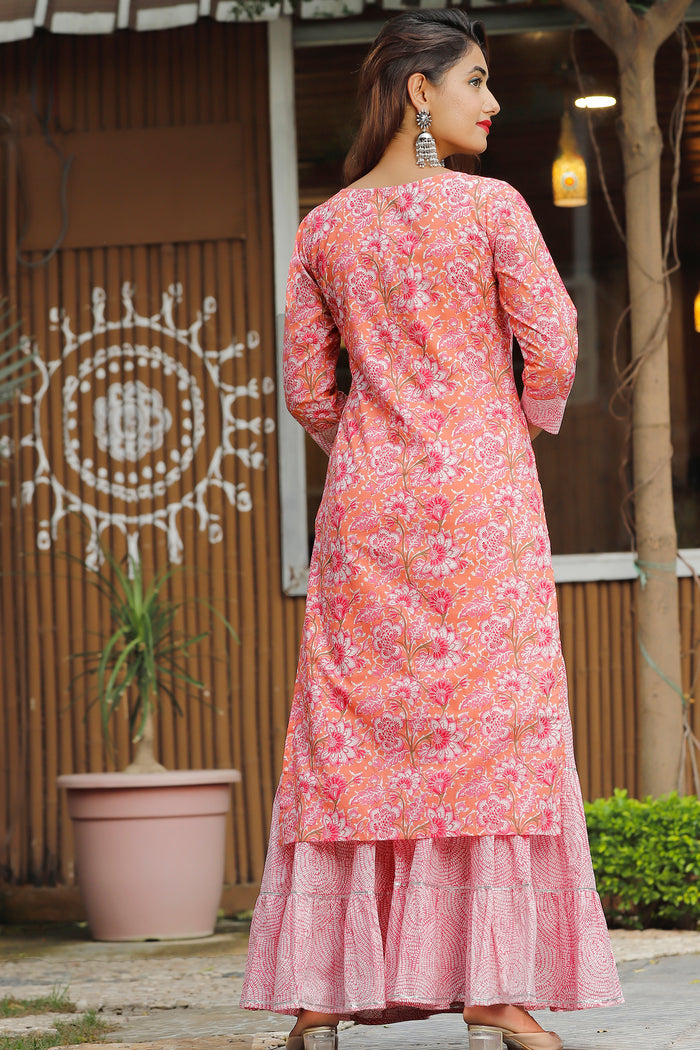 Pink Cotton Floral Printed Kurta And Palazzo Set