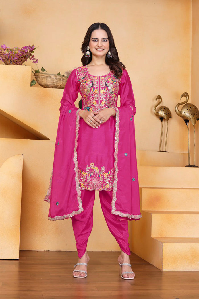 Pink Floral Embroidered Silk Kurta Set