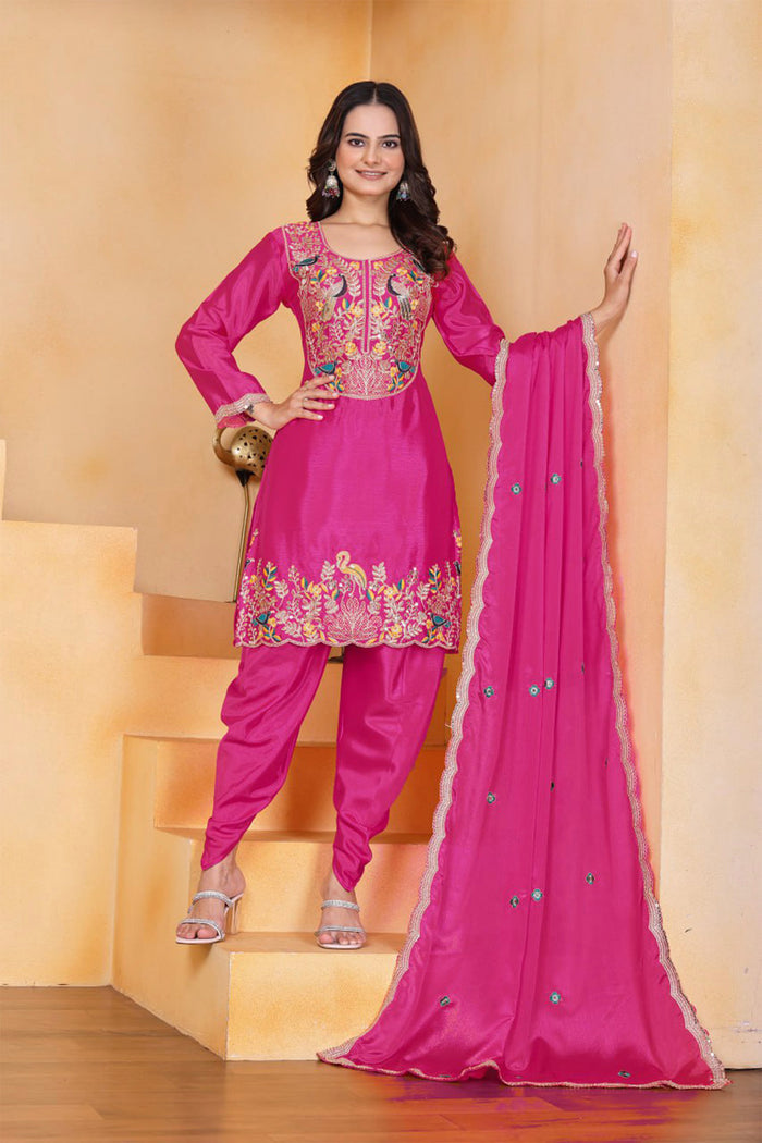 Pink Floral Embroidered Silk Kurta Set