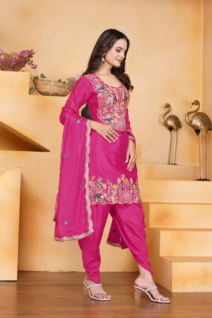 Pink Floral Embroidered Silk Kurta Set