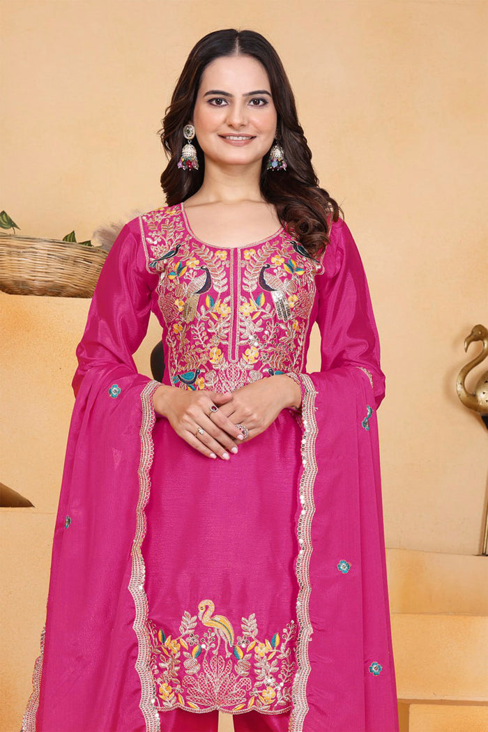 Pink Floral Embroidered Silk Kurta Set