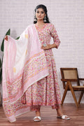 Pink Floral Hand Block Printed Cotton Kurta Set With Dupatta