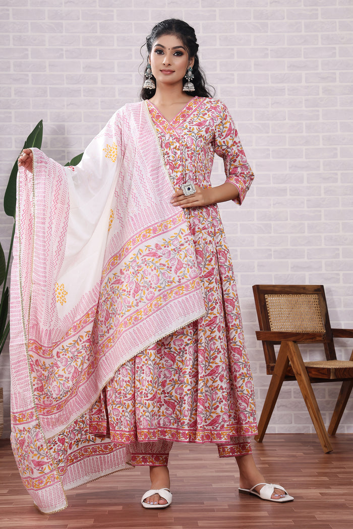 Pink Floral Hand Block Printed Cotton Kurta Set With Dupatta