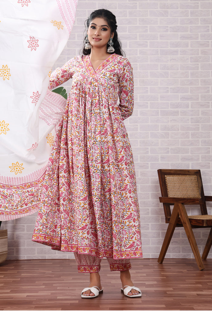 Pink Floral Hand Block Printed Cotton Kurta Set With Dupatta