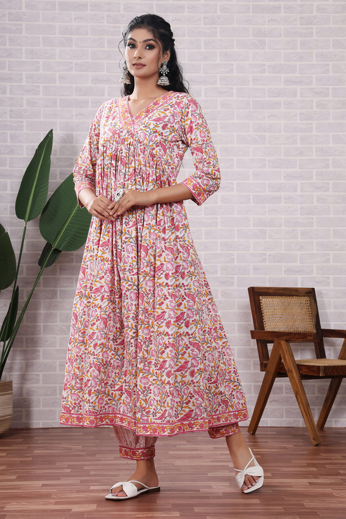 Pink Floral Hand Block Printed Cotton Kurta Set With Dupatta