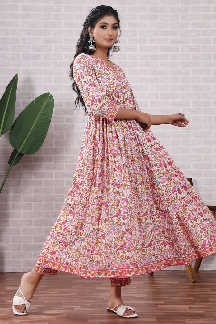 Pink Floral Hand Block Printed Cotton Kurta Set With Dupatta
