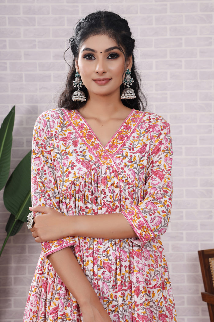 Pink Floral Hand Block Printed Cotton Kurta Set With Dupatta