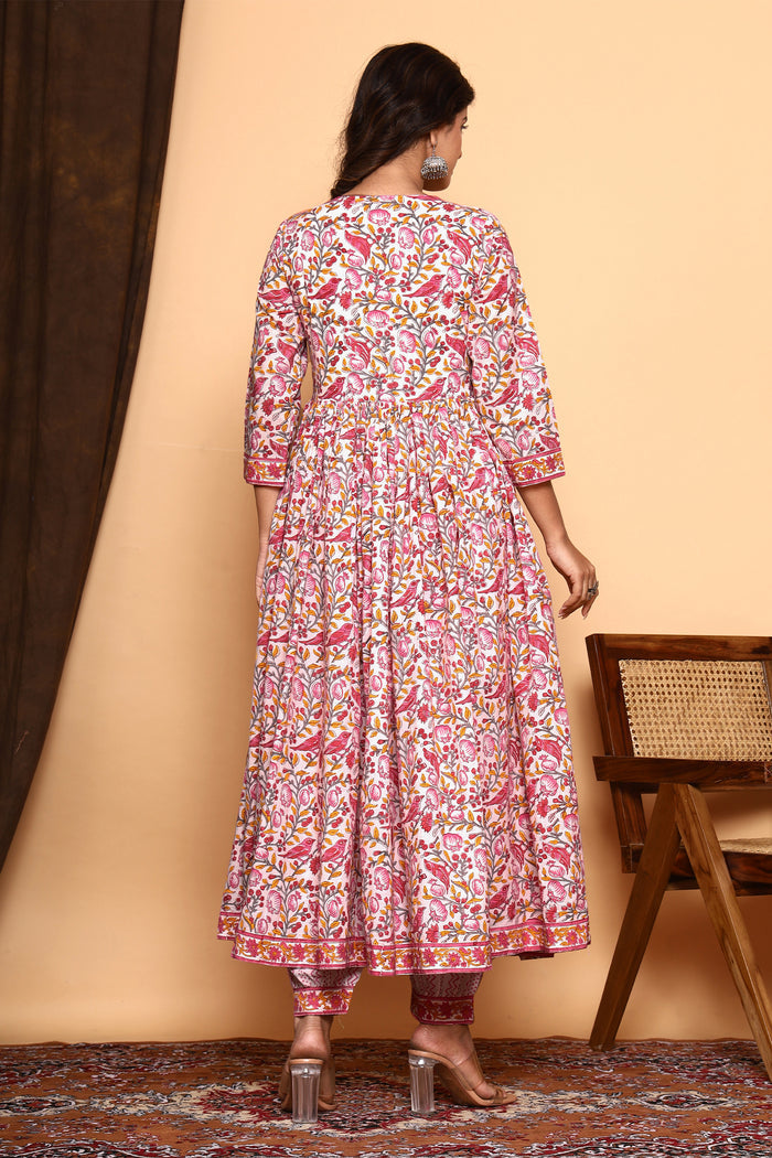 Pink Floral Hand Block Printed Cotton Kurta Set With Dupatta