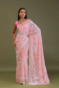 <img> Pink Georgette Embroidery Saree With Scallop Border