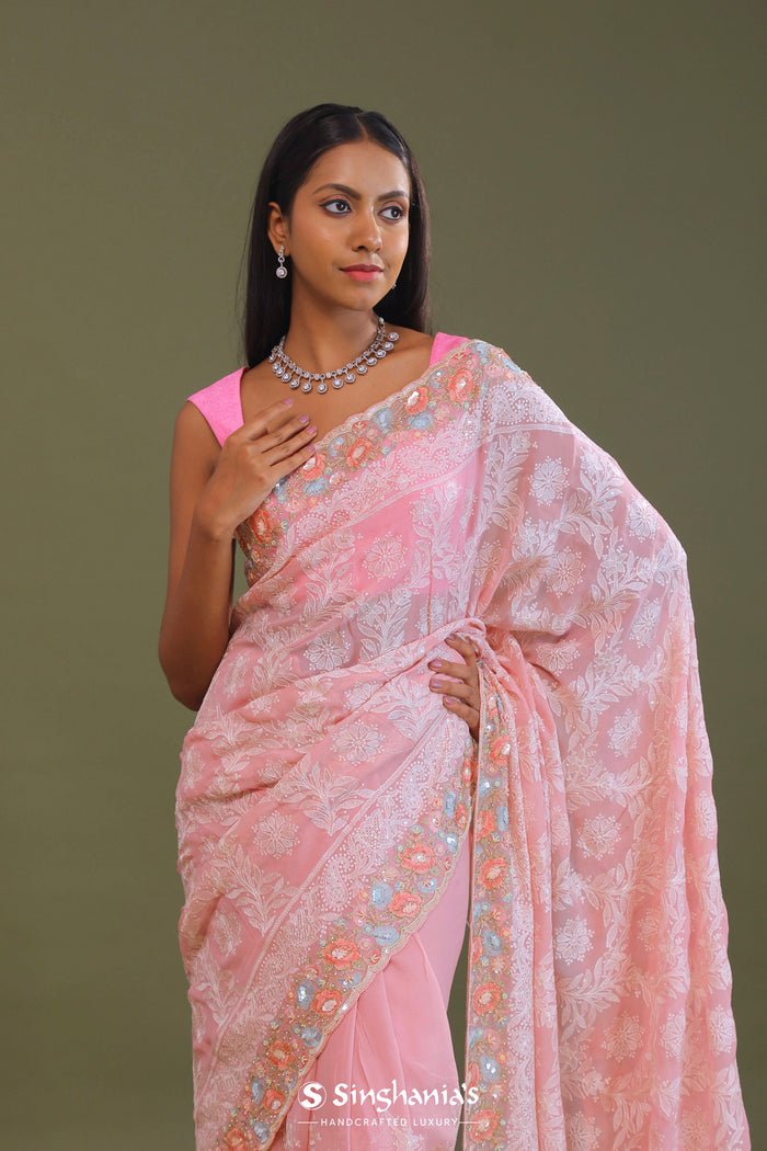 <img> Pink Georgette Embroidery Saree With Scallop Border