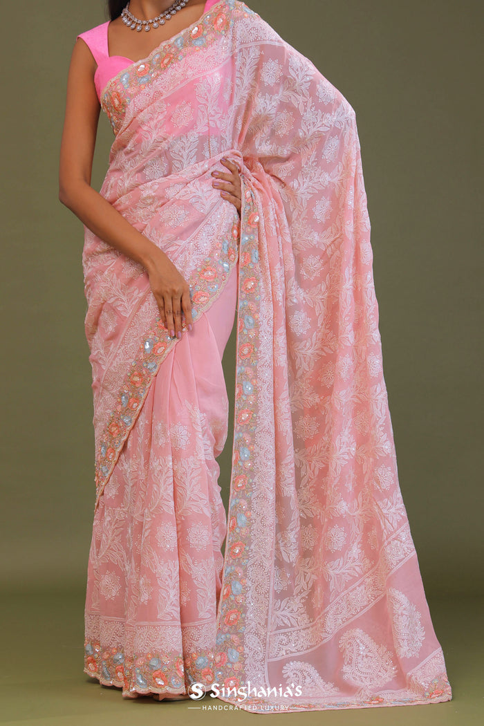 <img> Pink Georgette Embroidery Saree With Scallop Border