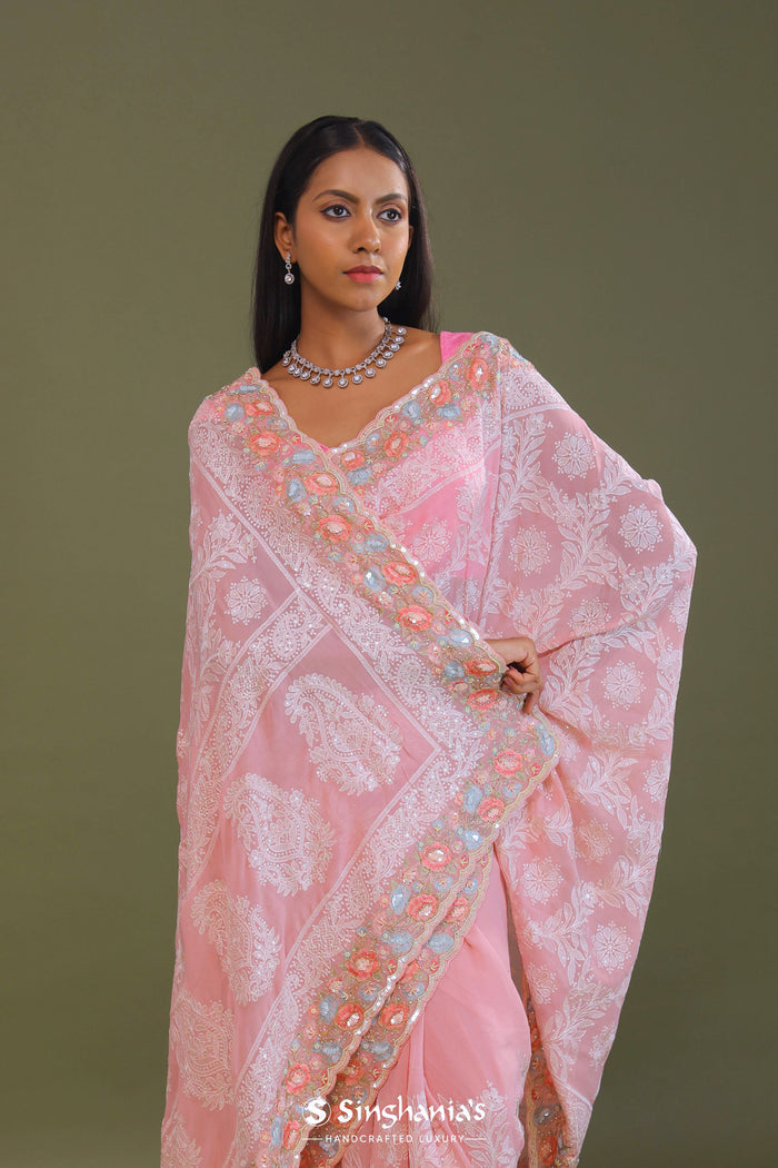 <img> Pink Georgette Embroidery Saree With Scallop Border