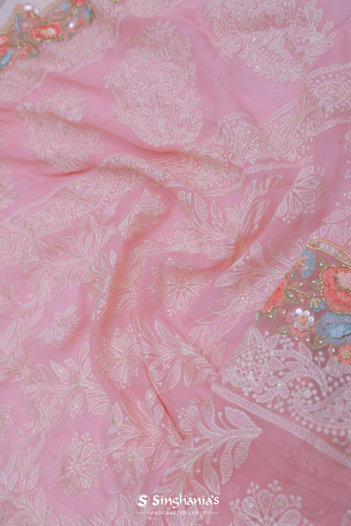 <img> Pink Georgette Embroidery Saree With Scallop Border