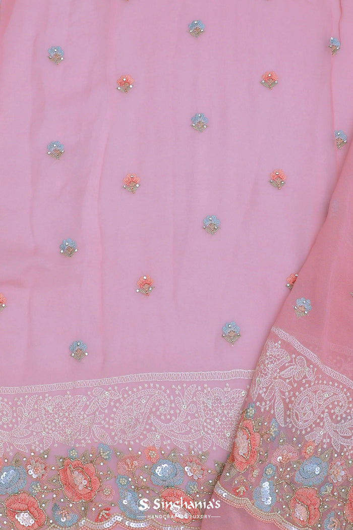 <img> Pink Georgette Embroidery Saree With Scallop Border
