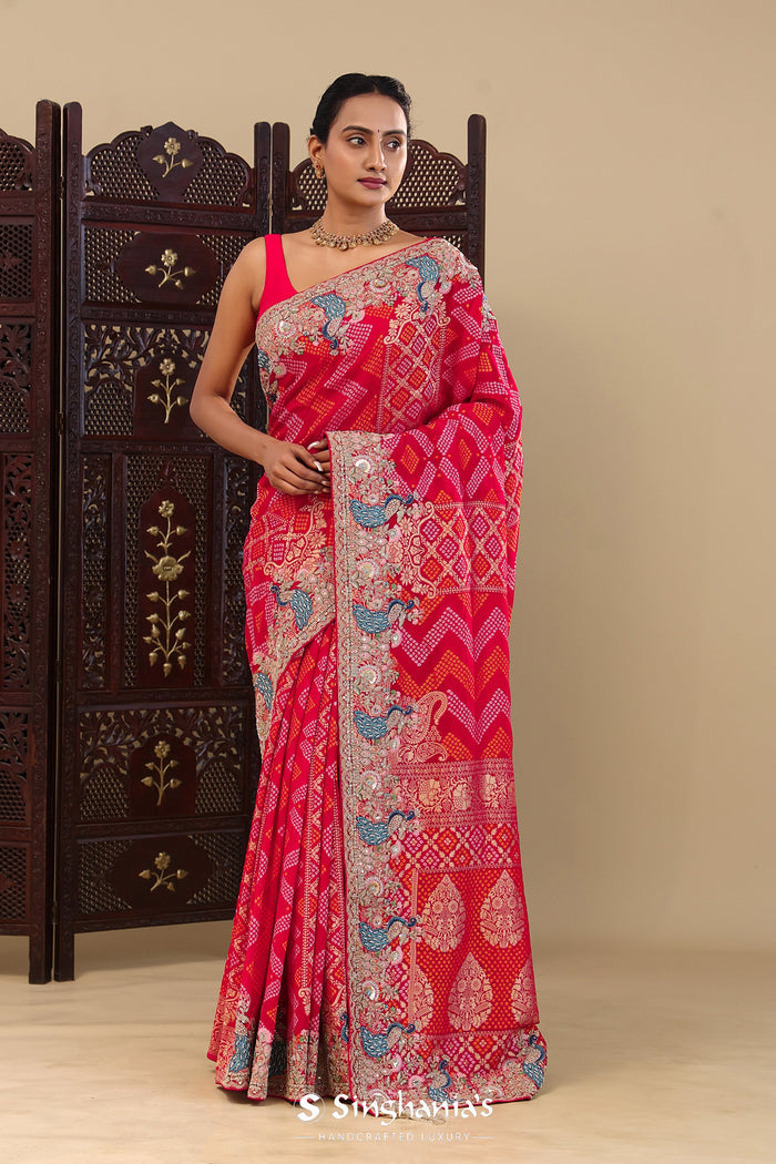 Pink Georgette Saree With Bandhani Design