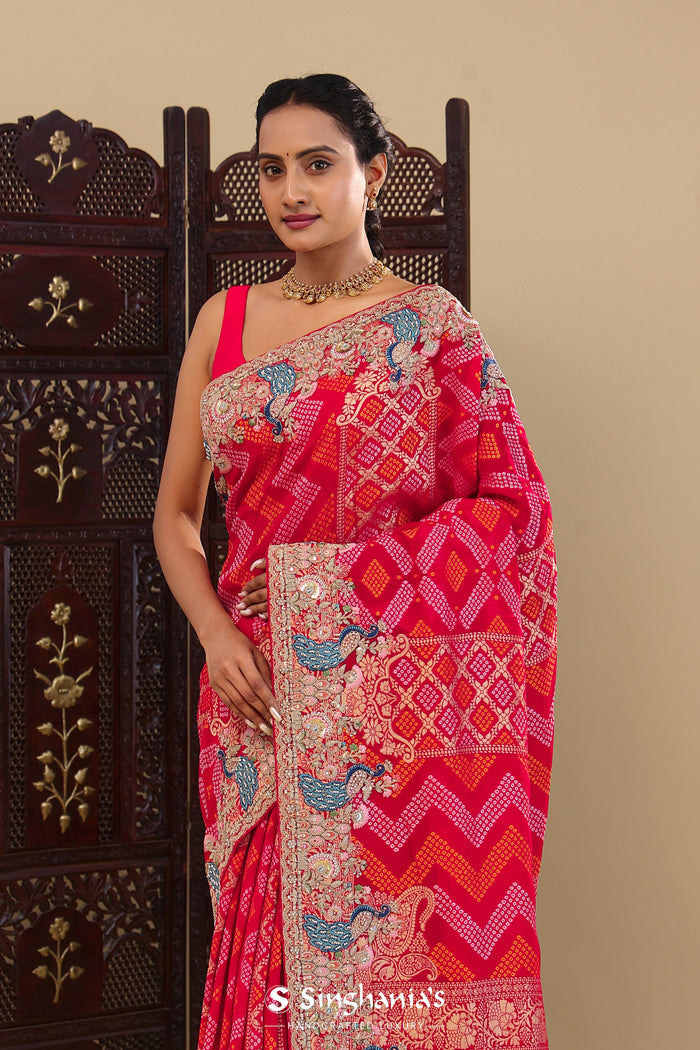 Pink Georgette Saree With Bandhani Design