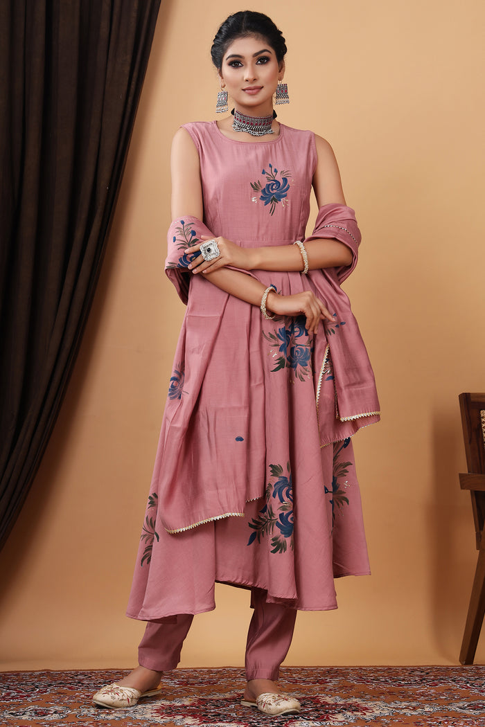 Pink Hand Painted Modal Silk Kurta Set